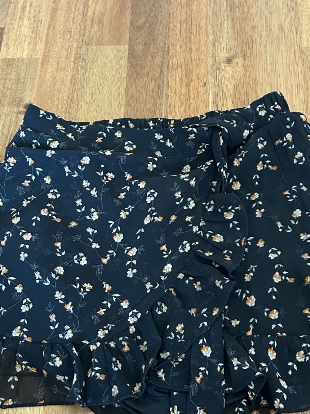 Windsor Black Floral Ruffle Wrap Mini Skirt